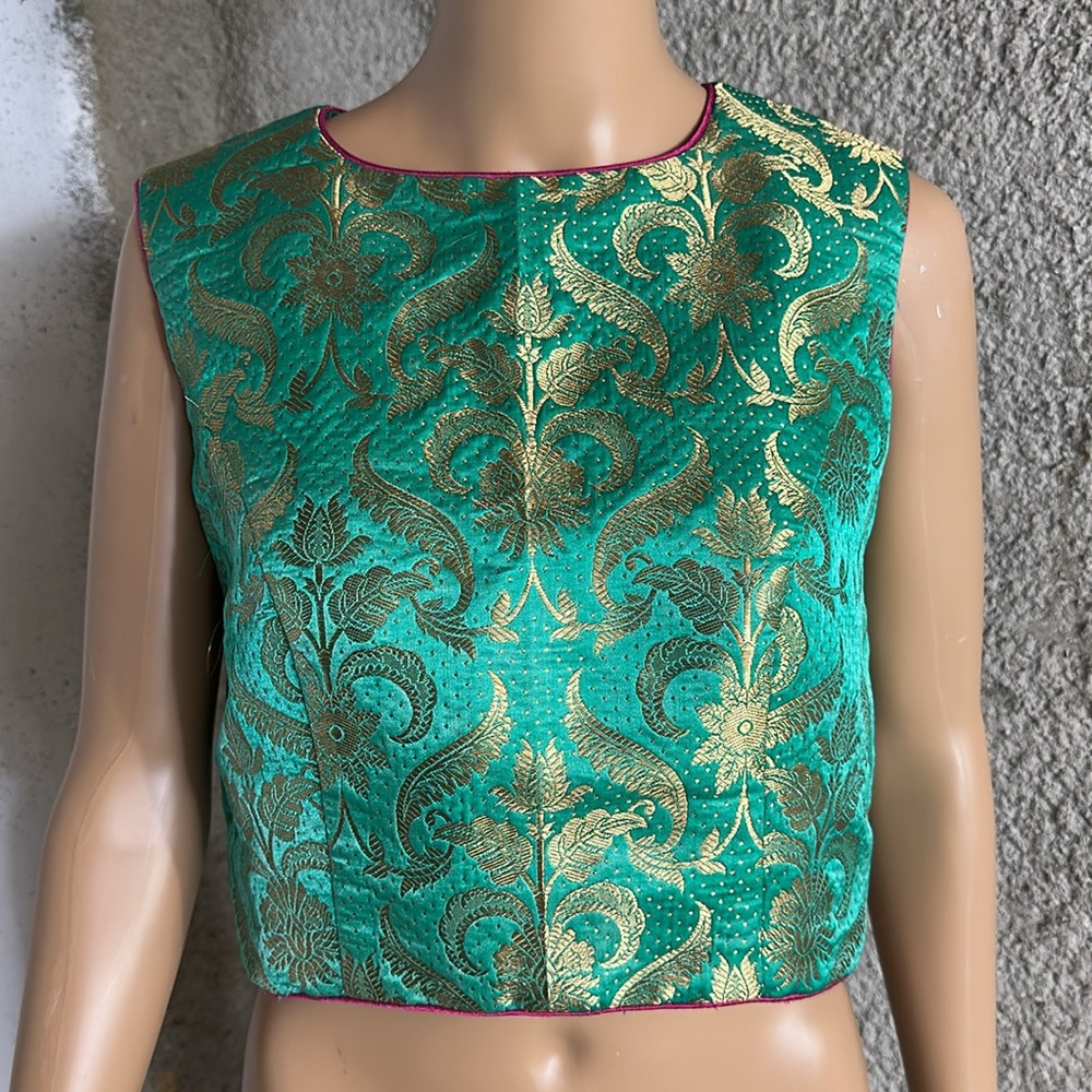 Luxurious Green and Gold Women's Brocade Blouse, S